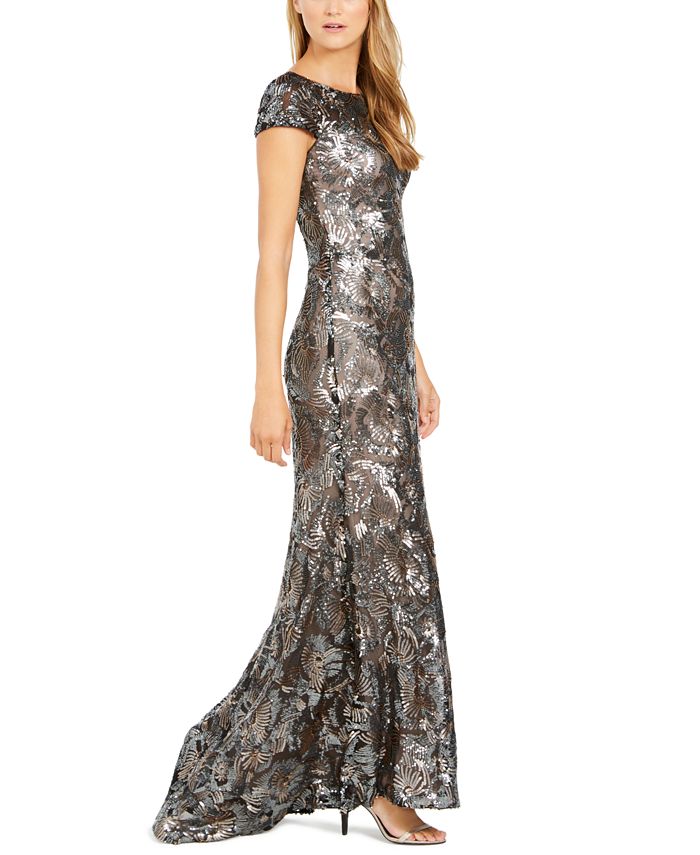 calvin klein cap sleeve sequin gown