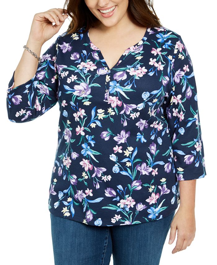 Karen Scott Plus Size Split Neck Floral Top, Created for Macy's - Macy's