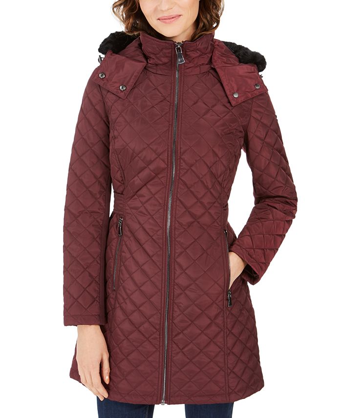 Calvin Klein Faux-Fur-Trim Hooded Quilted Coat - Macy's
