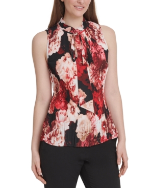 image of Dkny Floral-Print Pleated Tie-Neck Top