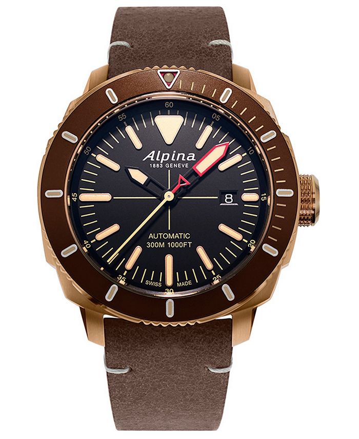Alpina - Men's Swiss Automatic Seastrong Diver 300 Brown Leather Strap Watch 44mm