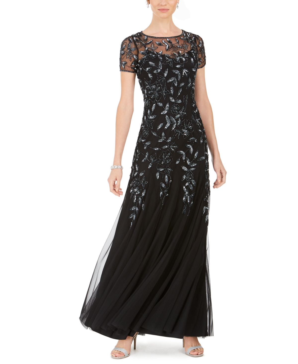 Adrianna Papell Women's Floral-design Embellished Gown In Black,gunmetal