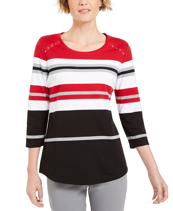Karen Scott Sport Striped 3/4-Sleeve Top, Created for Macy's & Reviews ...