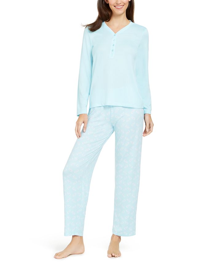 Charter Club Super Soft Knit Henley Top & Printed Pants Pajamas Set ...