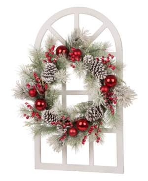 Glitzhome Wooden Window Frame with Flocked Pinecone Ornament Wreath