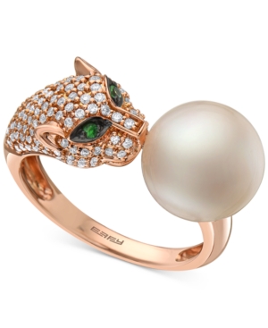 image of Effy Cultured Freshwater Pearl (10mm), Diamond (3/8 ct. t.w.) & Tsavorite Accent Panther Ring in 14k Rose Gold
