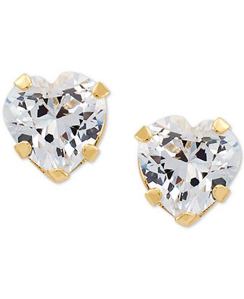 Tiny 14K Yellow Gold Heart Stud Earrings in Cubic Zirconia CZ Birth Month with Secure Screw Backs