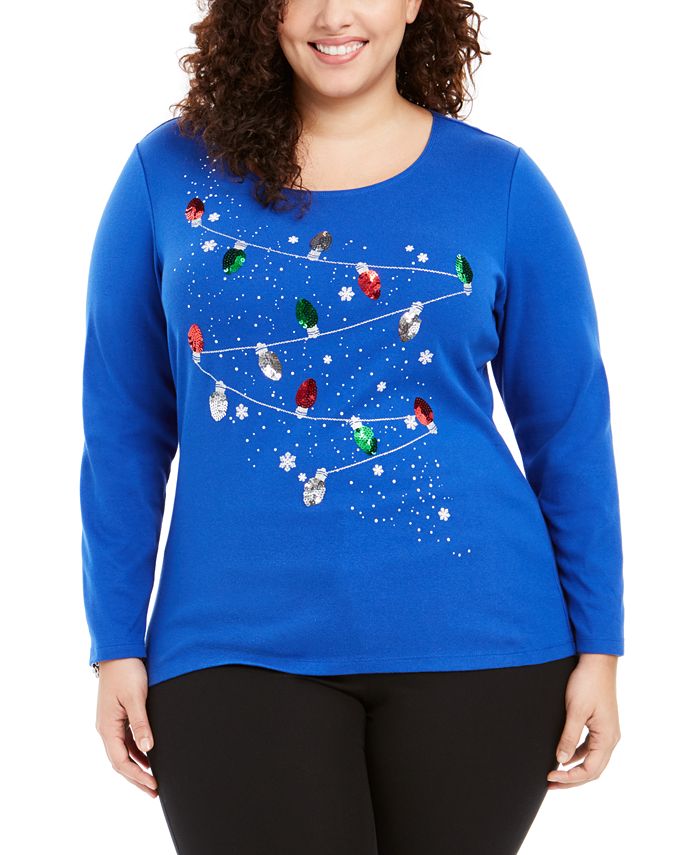 Karen Scott Plus Size LS Cotton Sequined Holiday Top, Created for Macy ...