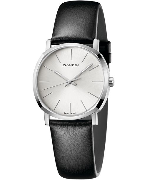 Calvin Klein Women S Posh Black Leather Strap Watch 32mm Reviews All Fine Jewelry Jewelry Watches Macy S
