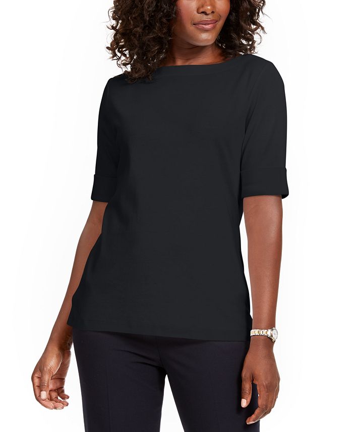 Karen Scott Petite Cotton Elbow-Sleeve T-Shirt, Created for Macy's - Macy's