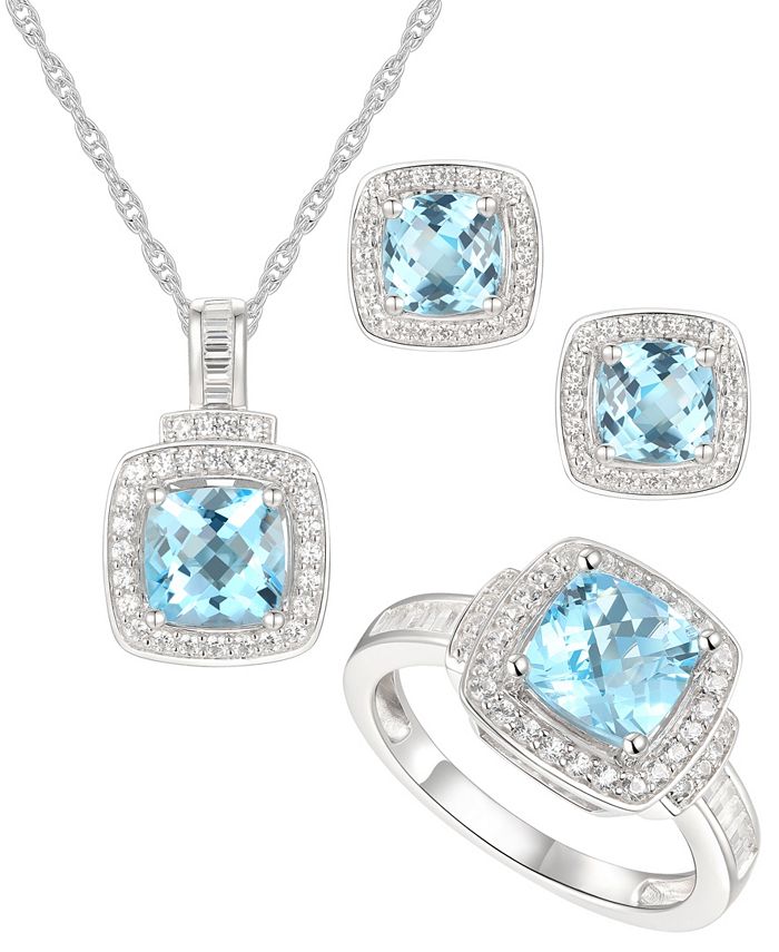 Macy's - 3-Pc. Set Blue Topaz (4-1/2 ct. t.w.) & White Topaz (1 ct. t.w.) Pendant Necklace, Ring & Stud Earrings in Sterling Silver