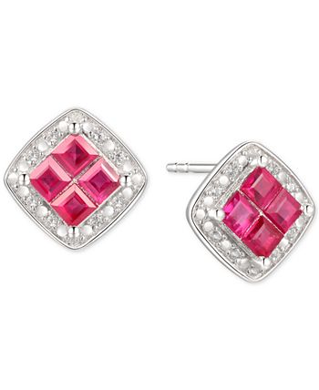 Macy's - Ruby (5/8 ct. t.w.) & Diamond (1/20 ct. t.w.) Square Stud Earrings in Sterling Silver