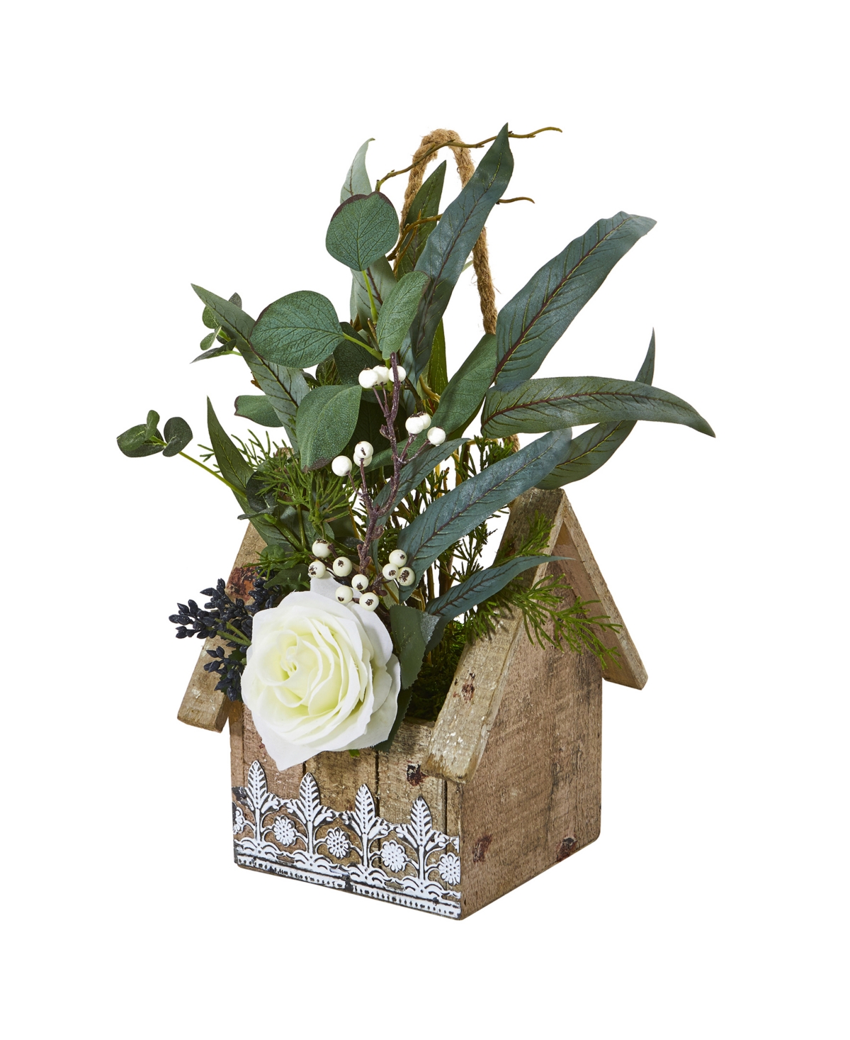 Nearly Natural Rose and Eucalyptus Artificial Arrangement in Hanging Floral Design House Planter