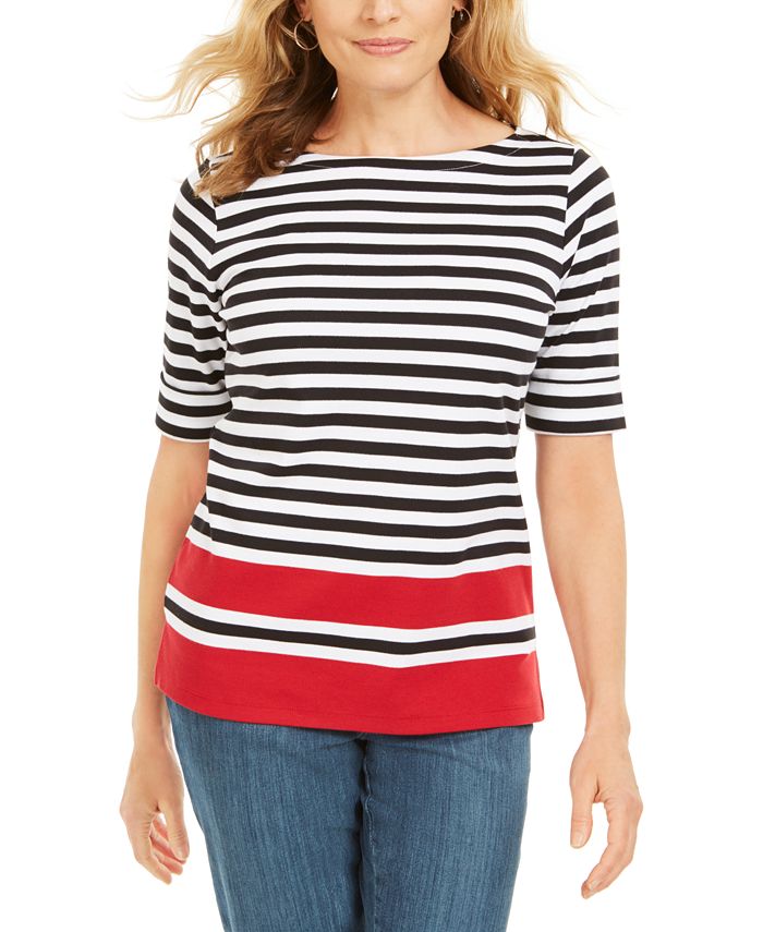 Karen Scott Sport Striped 3/4-Sleeve Top, Created for Macy's - Macy's