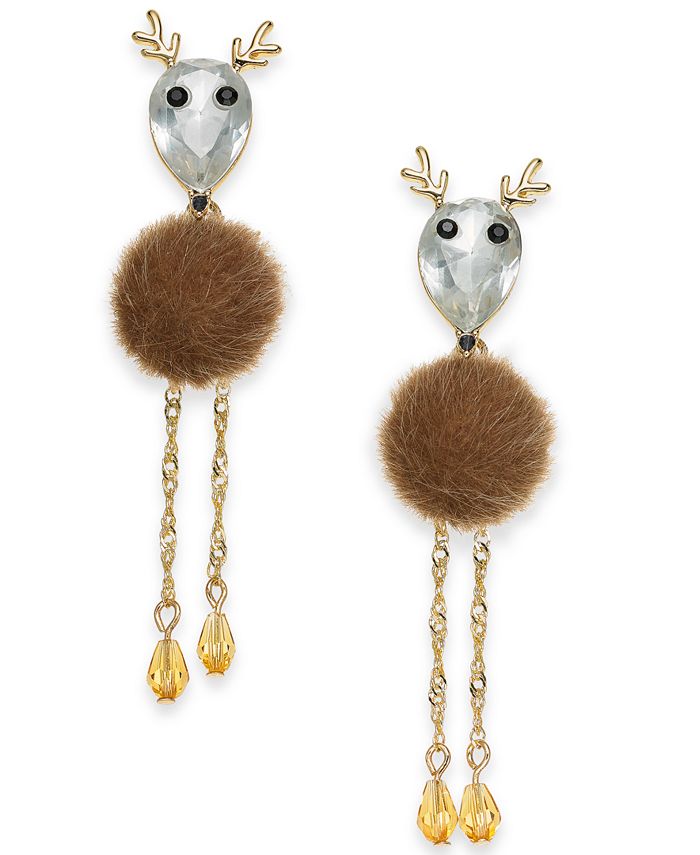 Holiday Lane Gold-Tone Crystal & Faux-Fur Reindeer Linear Drop Earrings,  Created for Macy's & Reviews - Earrings - Jewelry & Watches - Macy's