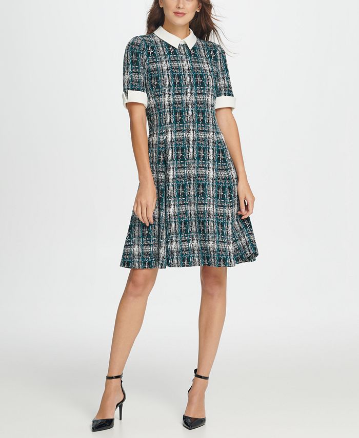 DKNY Contrast Collar Tweed Fit Flare Dress - Macy's