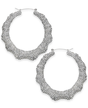 image of Thalia Sodi Silver-Tone Pave Bamboo Medium Hoop Earrings, 2
