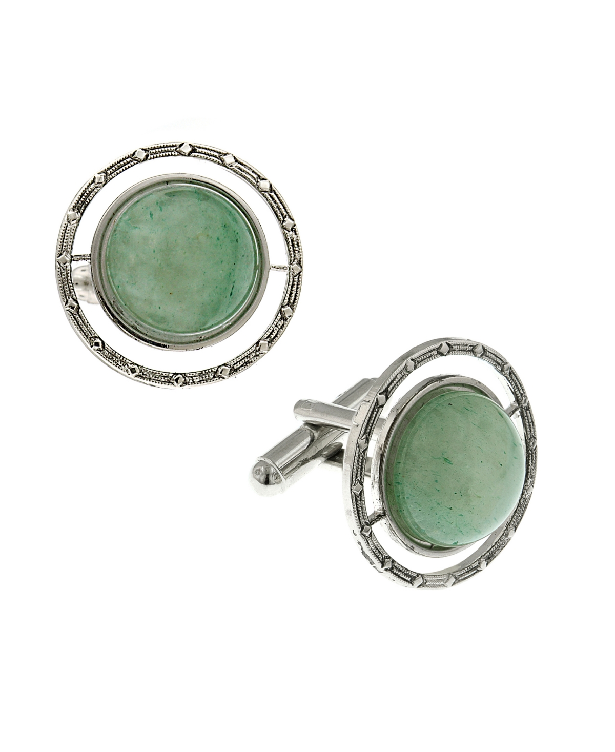 Jewelry Silver-Tone Semi-Precious Jade Round Cufflinks - Green