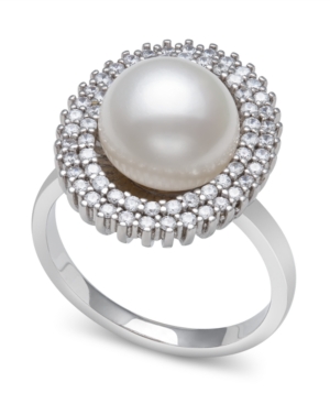 image of Cultured Freshwater Pearl (9-10 mm) and Cubic Zirconia Encrusted Ring in Sterling Silver