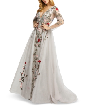 Mac Duggal Floral Embroidered Long Sleeve Plunging Neck Gown In Grey Multi Modesens