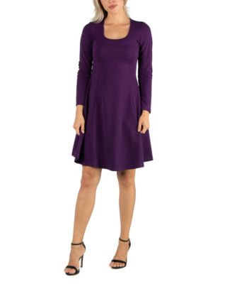 Women's Simple Long Sleeve Knee Length Flared Dress