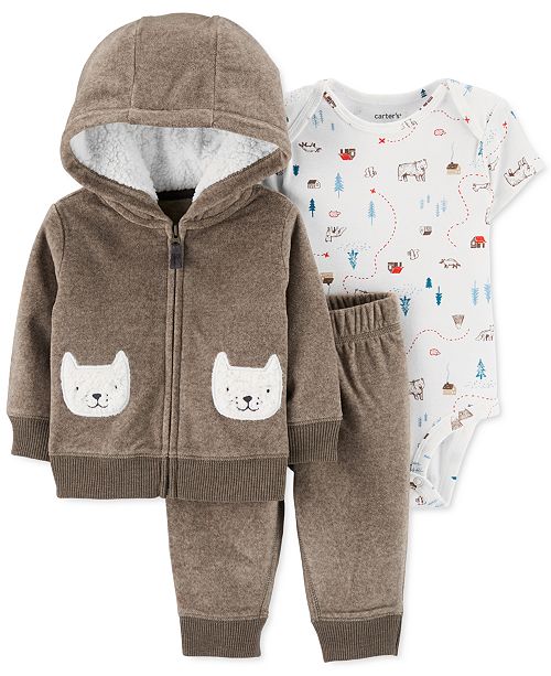 Carter S Baby Boys 3 Pc Fleece Bear Hoodie Printed Bodysuit