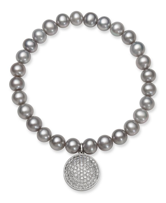 Macy's - Gray Cultured Freshwater Pearl (7-8 mm) and Cubic Zirconia Stretch Bracelet with Charm in Sterling Silver