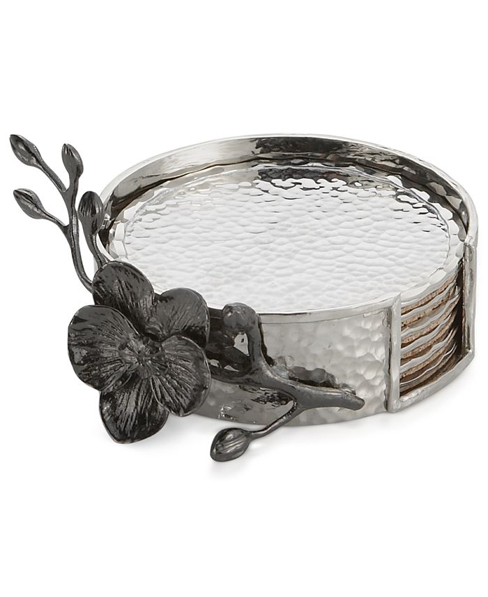 Michael Aram - Set of 6 Black Orchid Coasters with Caddy