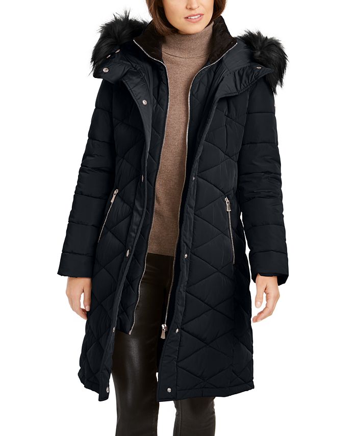 Calvin Klein Petite Quilted Faux-Fur-Trim Hooded Puffer Coat - Macy's