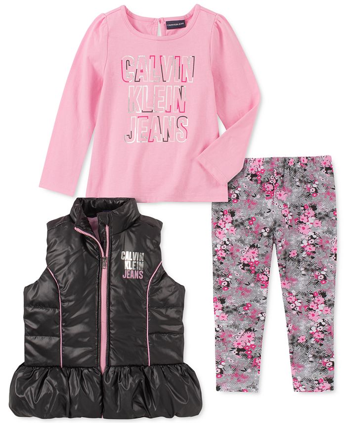 Calvin Klein Toddler Girls 3-Pc. Ruffled Vest, Logo Top & Printed ...