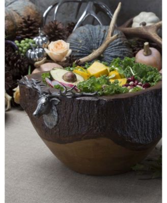 Elk, Deer Head Rustic Wood Salad Bowl with Natural Bark Edge