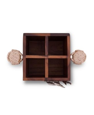Acacia Wood Caddy Square with 4 Compartments, Crab Accent and Real Rope Handles