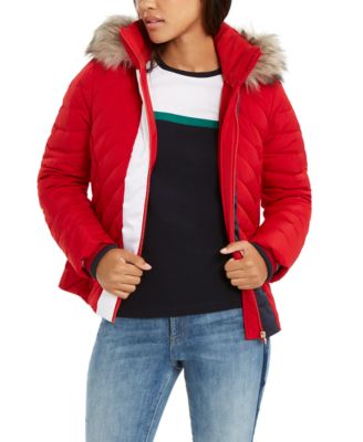 red faux fur trim hooded puffer jacket