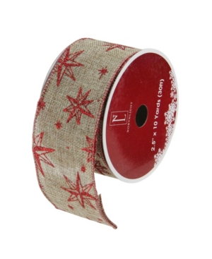 Northlight Pack Of 12 Red Star And Beige Burlap Wired Christmas Craft Ribbon Spools In Brown