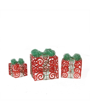 Northlight Set Of 3 Prelit Sparkling Red Swirl Glitter Gift Boxes Christmas Outdoor Decorations In Red