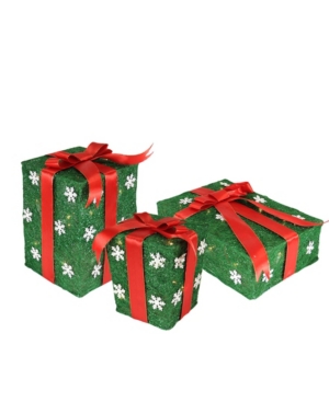 Northlight Set Of 3 Green Snowflake Sisal Gift Boxes Lighted Christmas Outdoor Decorations