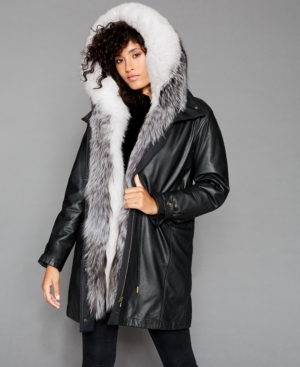 image of The Fur Vault Fox & Rabbit-Fur-Trim Hooded Leather Coat