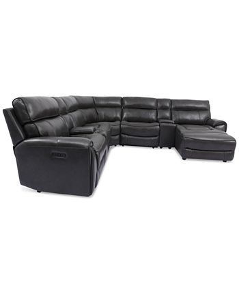 Furniture - Hutchenson 7-Pc. Leather Chaise Sectional with 2 Power Recliners and 2 Consoles