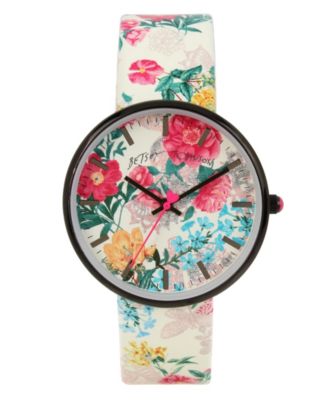 Betsey Johnson - Women's Floral Graphic Printed Pink Leather Starp Watch 37mm
