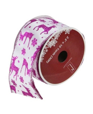 Northlight Glistening Purple Reindeer And Star White Wired Christmas Craft Ribbon 2.5" X 10 Yards
