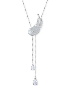 image of Swarovski Silver-Tone Crystal Feather Lariat Necklace, 14-7/8