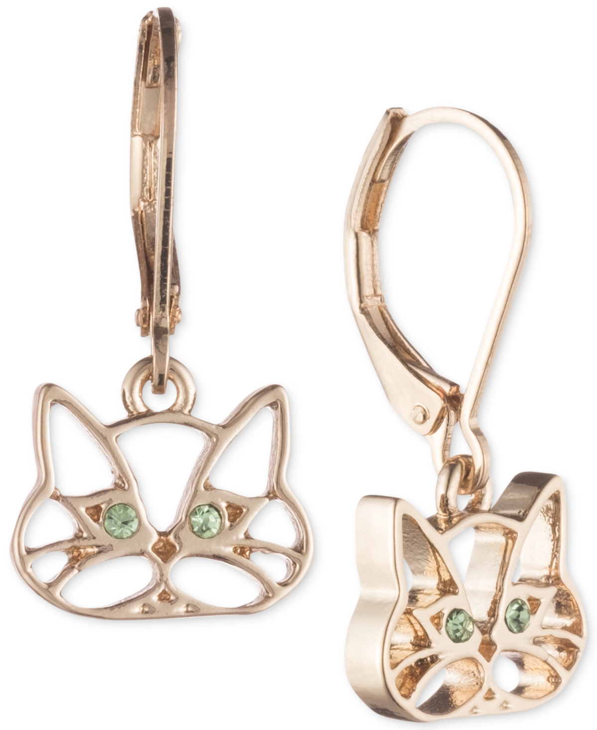 Gold-Tone Green Crystal Cat Drop Earrings - Gold