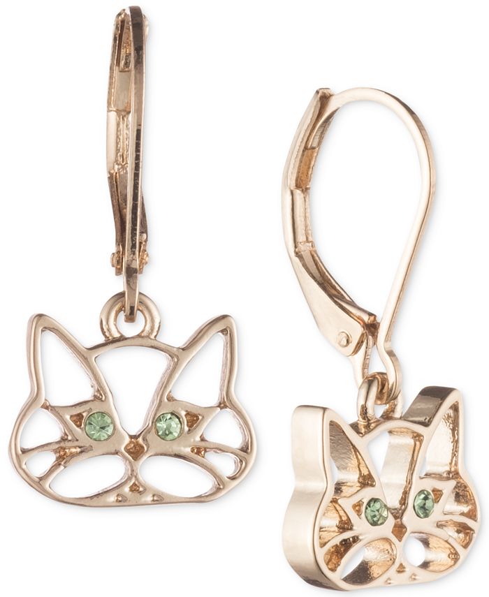 Pet Friends Jewelry - Gold-Tone Green Crystal Cat Drop Earrings