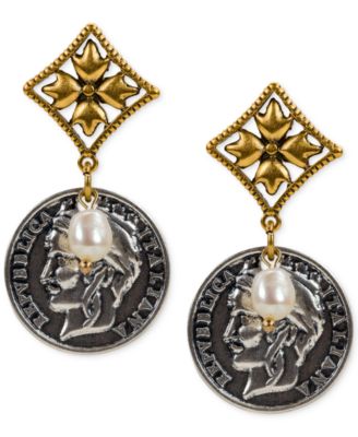 Patricia Nash - Two-Tone Imitation Pearl World Coin Drop Earrings
