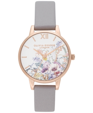 image of Olivia Burton Women-s Enchanted Garden Gray Lilac Leather Strap Watch 30mm