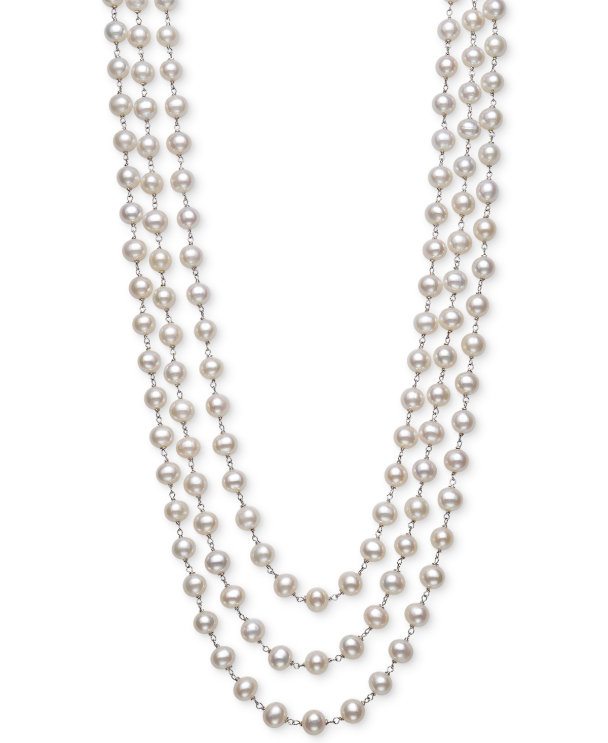 Cultured Freshwater Pearl (7mm) Triple Strand 18" Statement Necklace in Sterling Silver - Silver