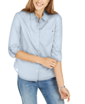 Shop Tommy Hilfiger Women's Cotton Roll-tab Button-up Shirt In Crystal Blue