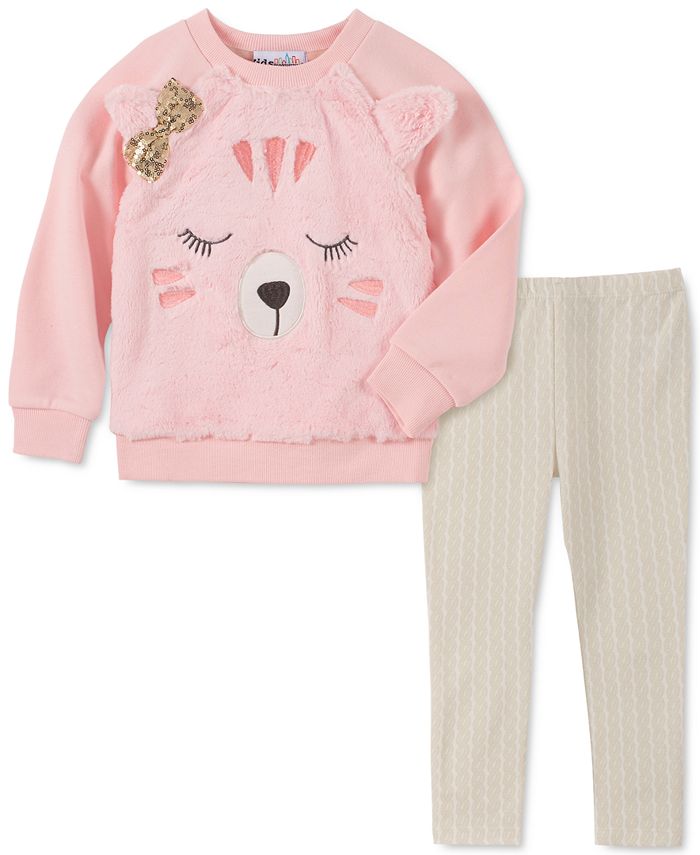 Kids Headquarters Baby Girls 2-Pc. Faux Fur Bear Sweatshirt & Printed ...