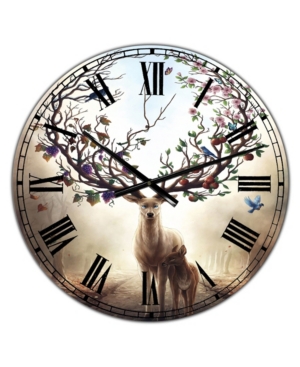 Designart Deer with Blossoming Antlers Large Cottage Wall Clock - 36