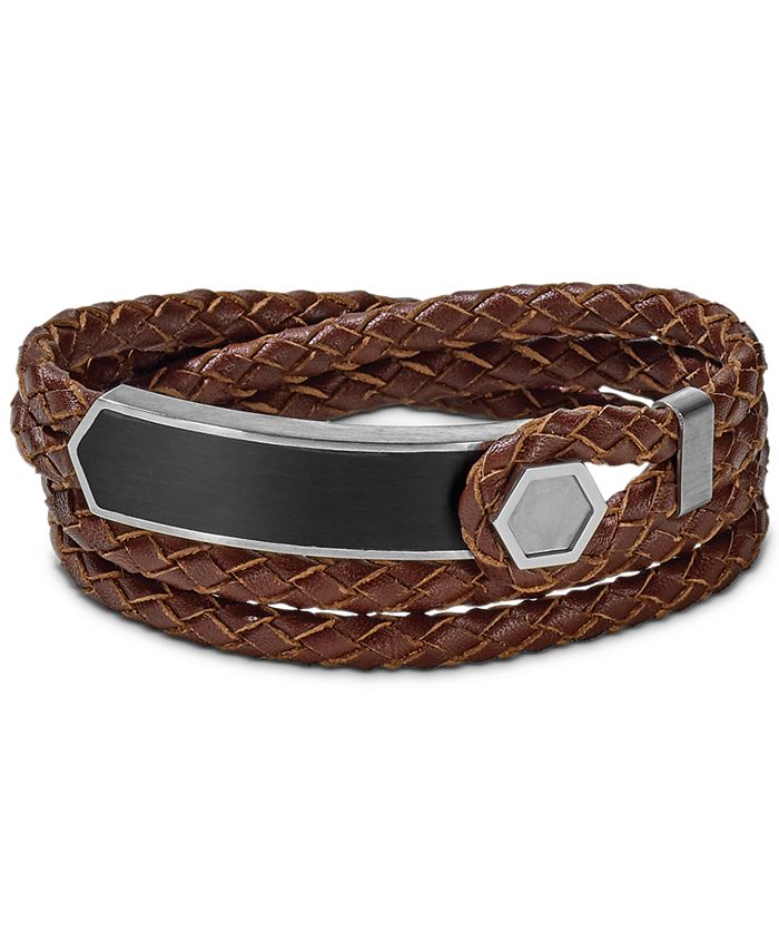 Bulova - Men's Brown Braided Leather Wrap Bracelet in Sterling Silver, J96B009M
